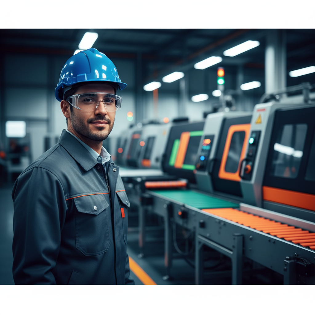 Trabajador usando gafas de seguridad en entorno industrial, fondo de planta con máquinas, estilo realista