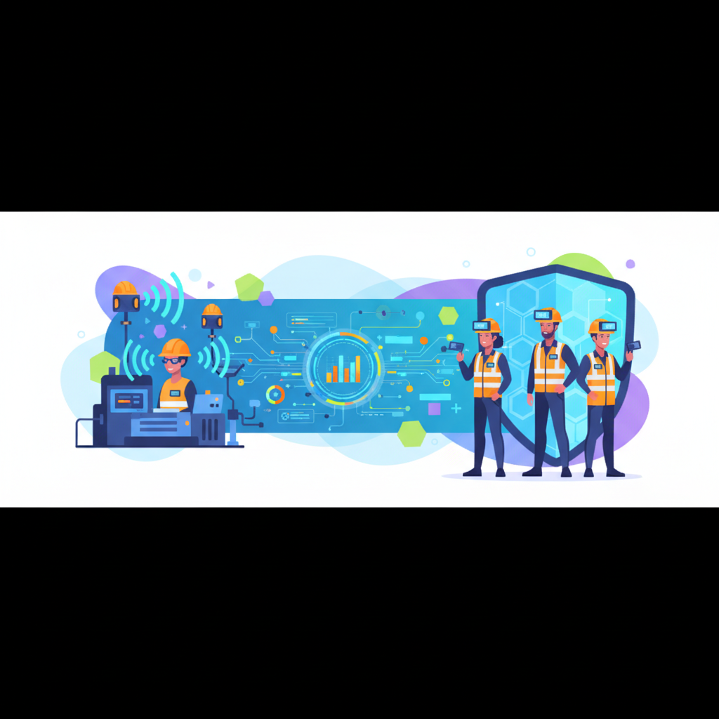Ilustración de tecnologías de seguridad laboral: sensores, análisis de datos y trabajadores protegidos