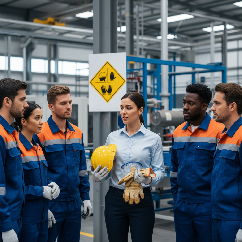 Instructor mostrando elementos de protección personal (casco, guantes, gafas) a un grupo de trabajadores en un entorno industrial, con fondo de una fábrica y señal de seguridad.