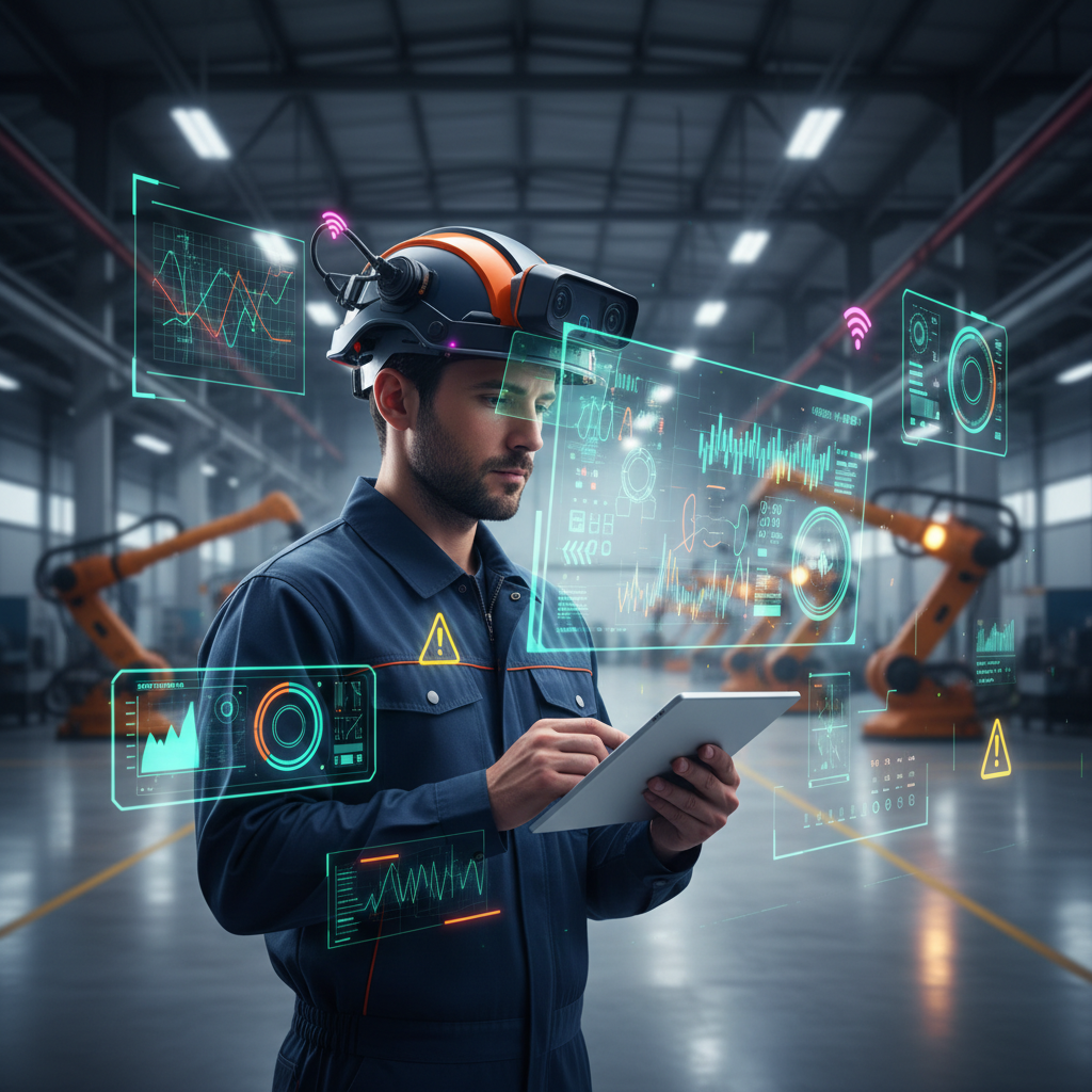 Técnico inspeccionando casco inteligente con sensores IoT en planta industrial, fondo con gráficos de datos y alertas de seguridad.
